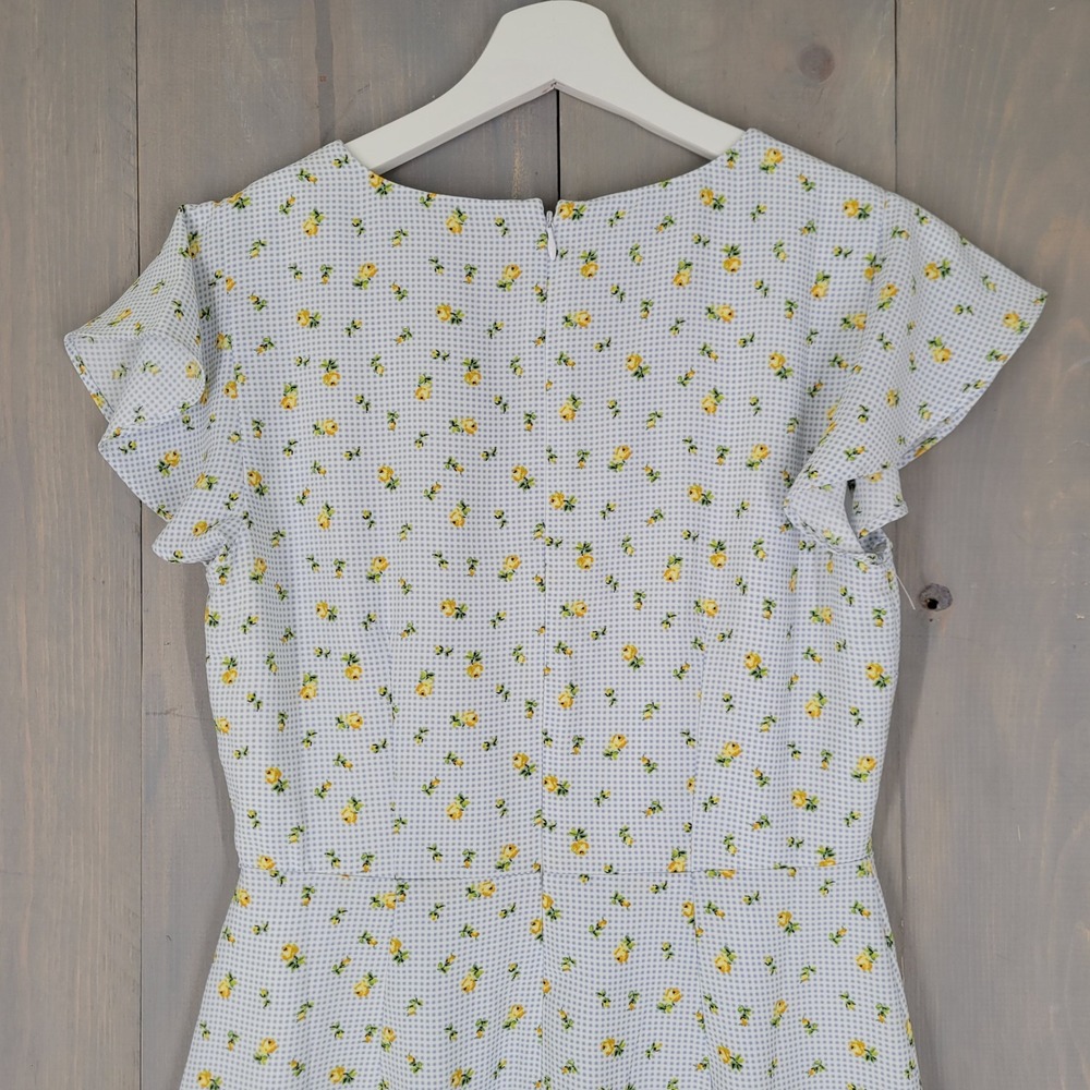 LOFT Wrap Dress Womens 0 Blue Gingham Yellow Floral Flutter Sleeve Ruffle NEW - Picture 7 of 10